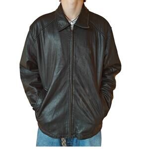 Vintage Sawyer of Napa Black Leather Jacket Mens L Zip Front Fully Lined